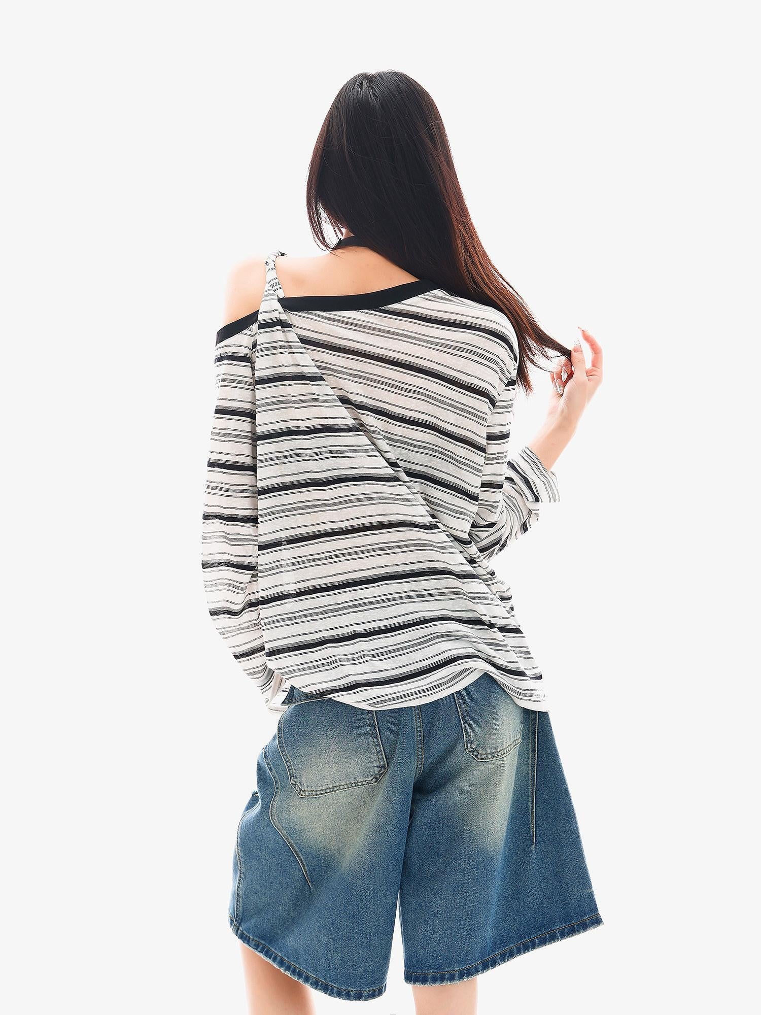 QIUQIU STUDIO Striped Lettering Print Asymmetric Shoulder Loose Women&