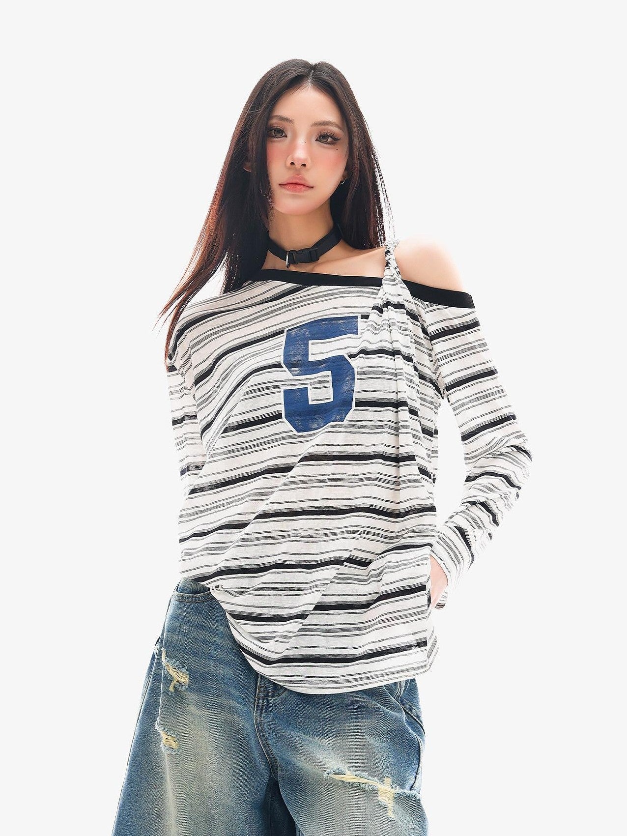 QIUQIU STUDIO Striped Lettering Print Asymmetric Shoulder Loose Women&
