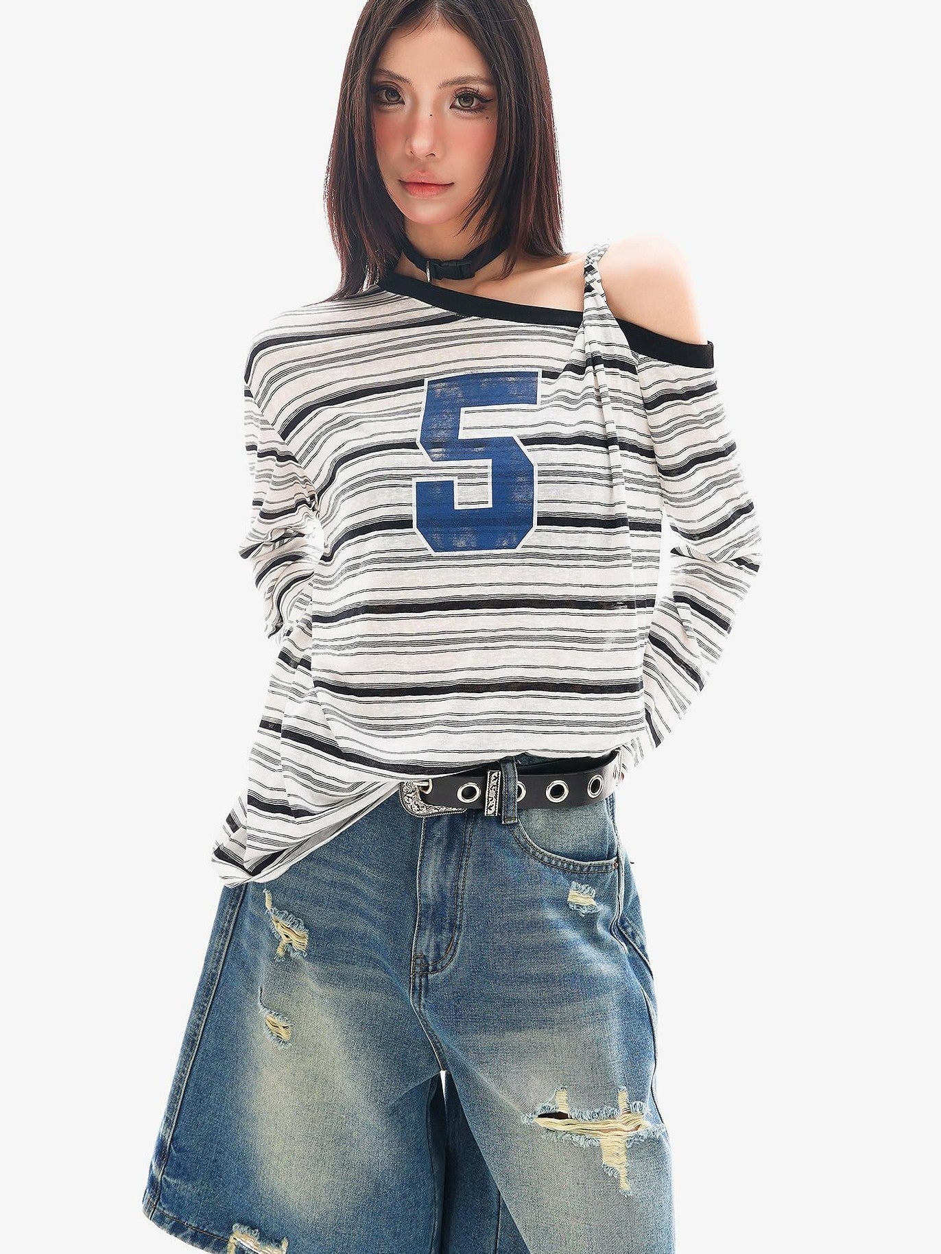 QIUQIU STUDIO Striped Lettering Print Asymmetric Shoulder Loose Women&