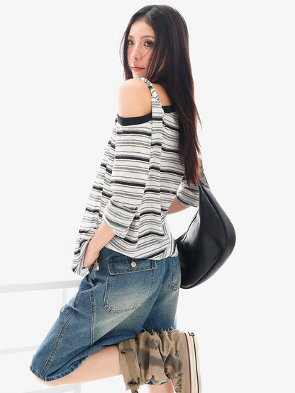 QIUQIU STUDIO Striped Lettering Print Asymmetric Shoulder Loose Women&