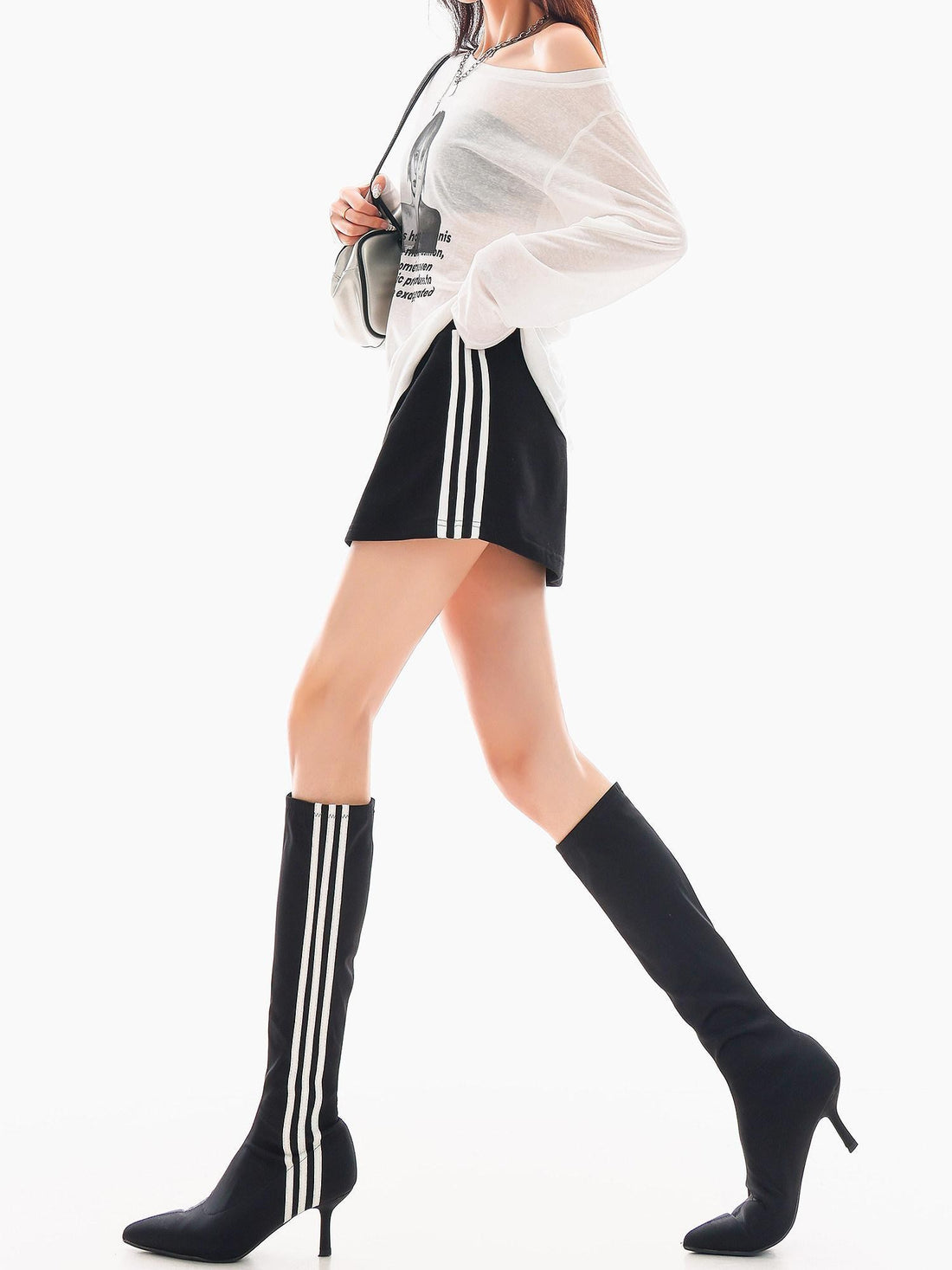 QIUQIU STUDIO Striped Patchwork A Line Mid Waist Women&
