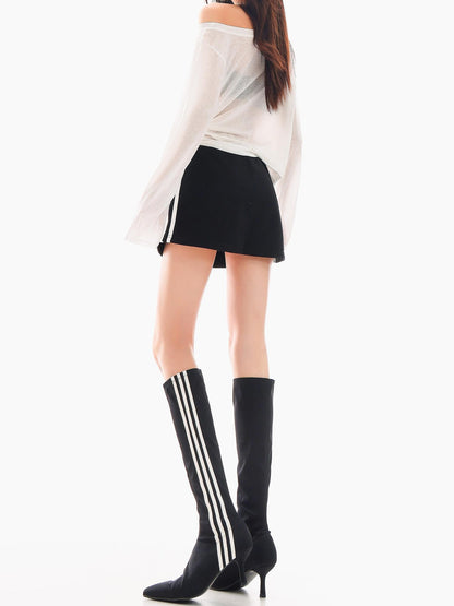 QIUQIU STUDIO Striped Patchwork A Line Mid Waist Women&