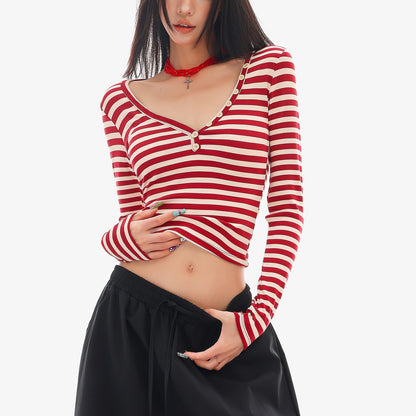 QIUQIU_STUDIO_Striped_V-neck_Slim_Fit_Women&