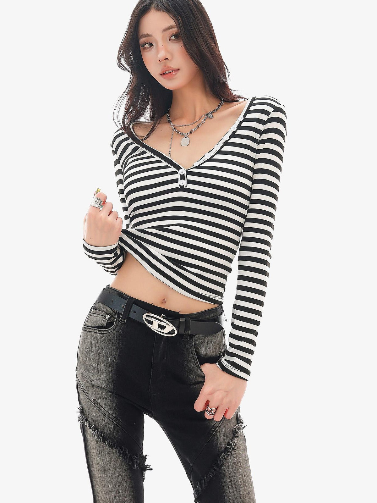 QIUQIU STUDIO Striped V-neck Slim Fit Women&