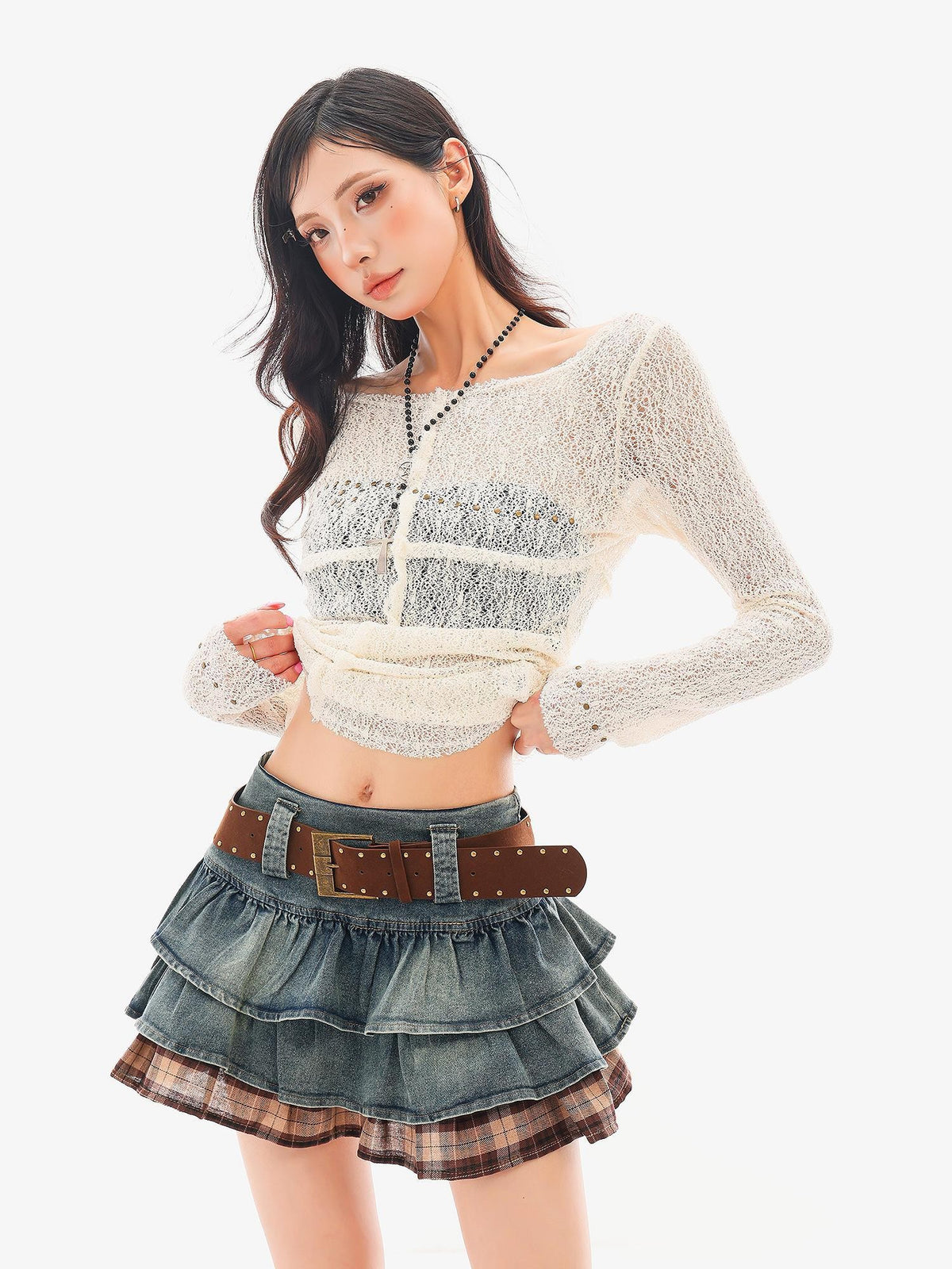 QIUQIU STUDIO Studded Lace Spliced Sheer Women&