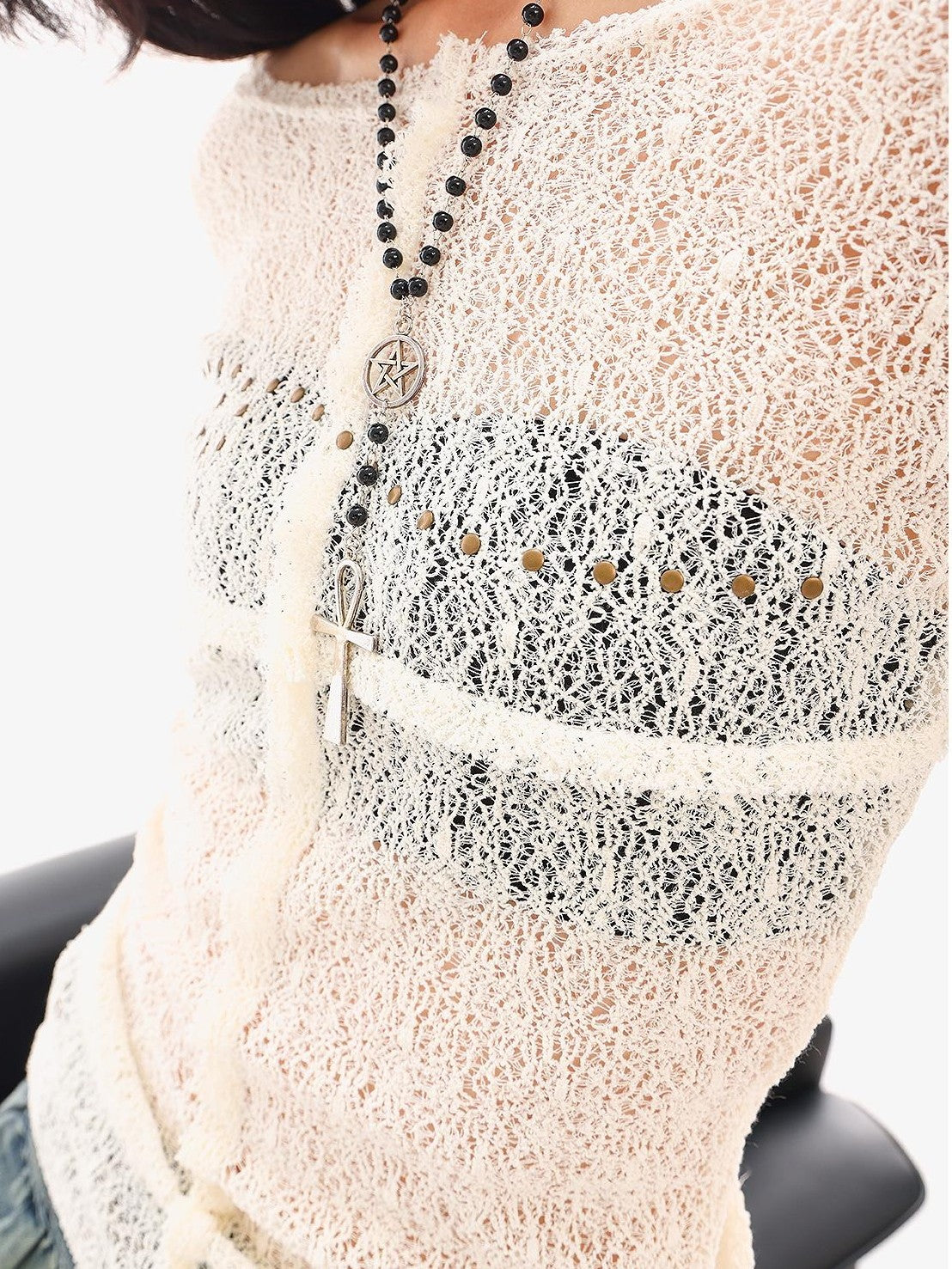QIUQIU STUDIO Studded Lace Spliced Sheer Women&
