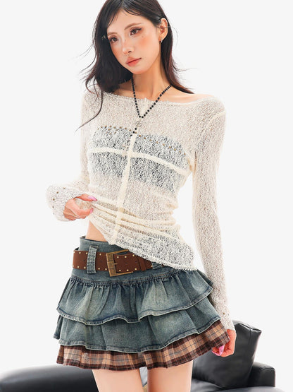 QIUQIU STUDIO Studded Lace Spliced Sheer Women&