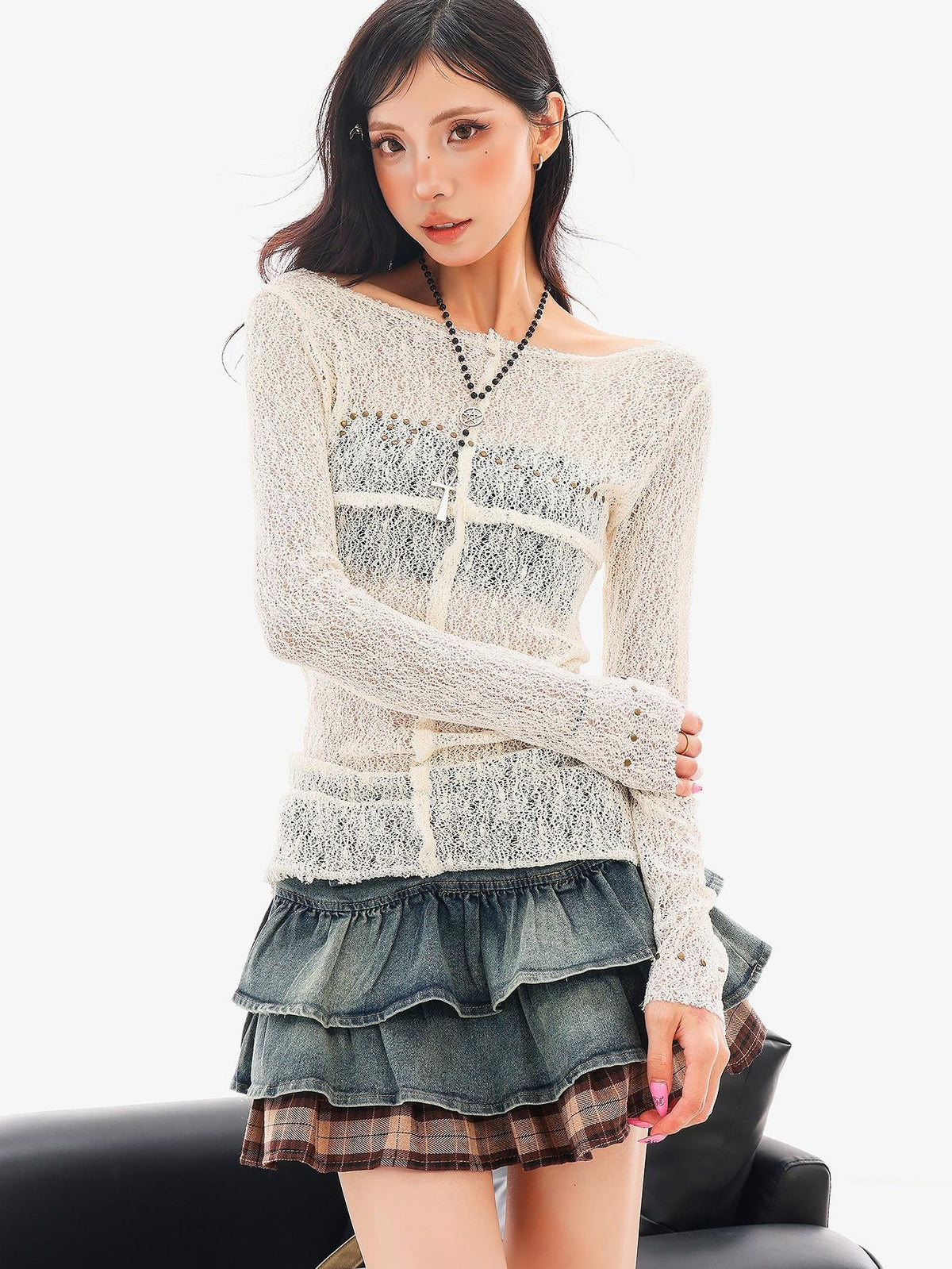 QIUQIU STUDIO Studded Lace Spliced Sheer Women&
