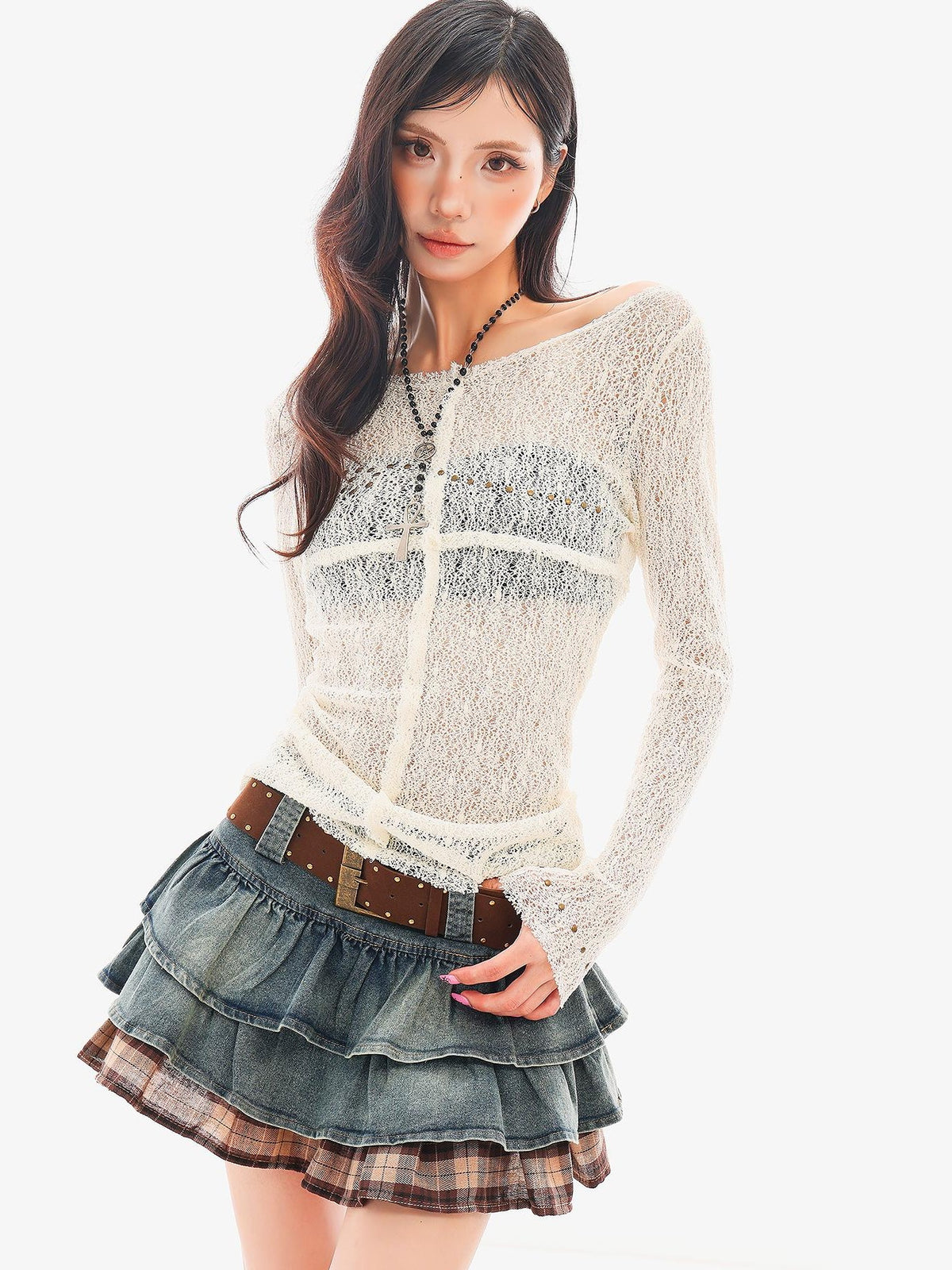 QIUQIU STUDIO Studded Lace Spliced Sheer Women&