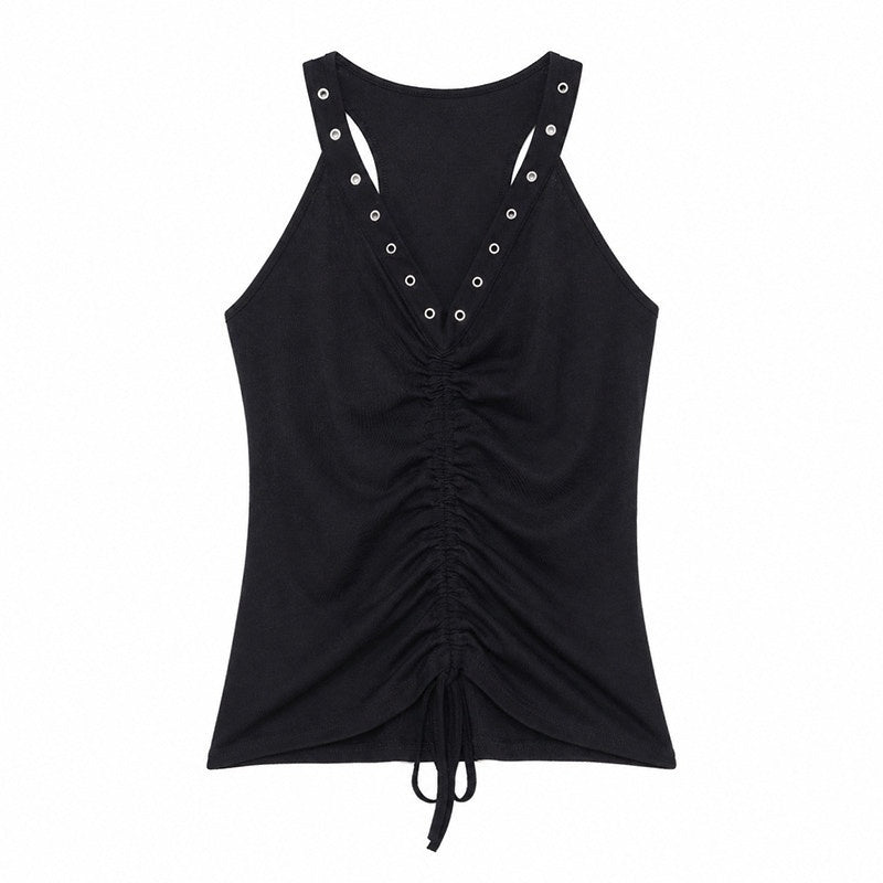 QIUQIU_STUDIO_Studded_Ruched_Drawstring_V-neck_Women&