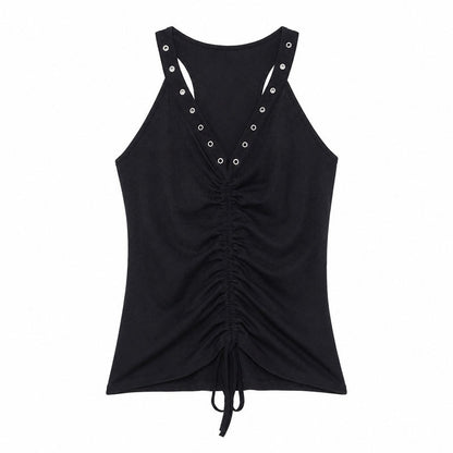 QIUQIU_STUDIO_Studded_Ruched_Drawstring_V-neck_Women&