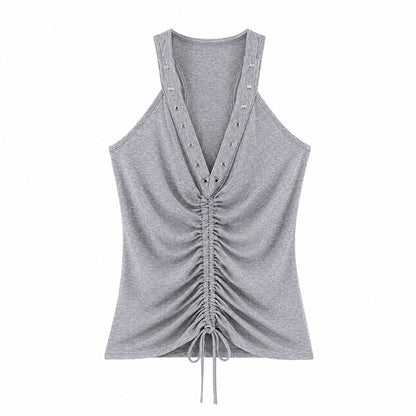 QIUQIU_STUDIO_Studded_Ruched_Drawstring_V-neck_Women&