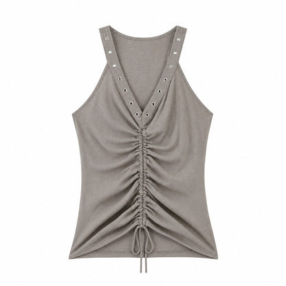 QIUQIU_STUDIO_Studded_Ruched_Drawstring_V-neck_Women&
