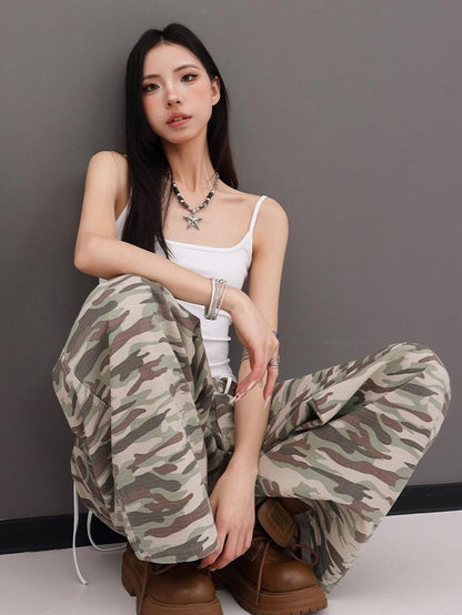 QIUQIU STUDIO Tall Camo Harem Paratrooper Pockets Zipper Fly Women&