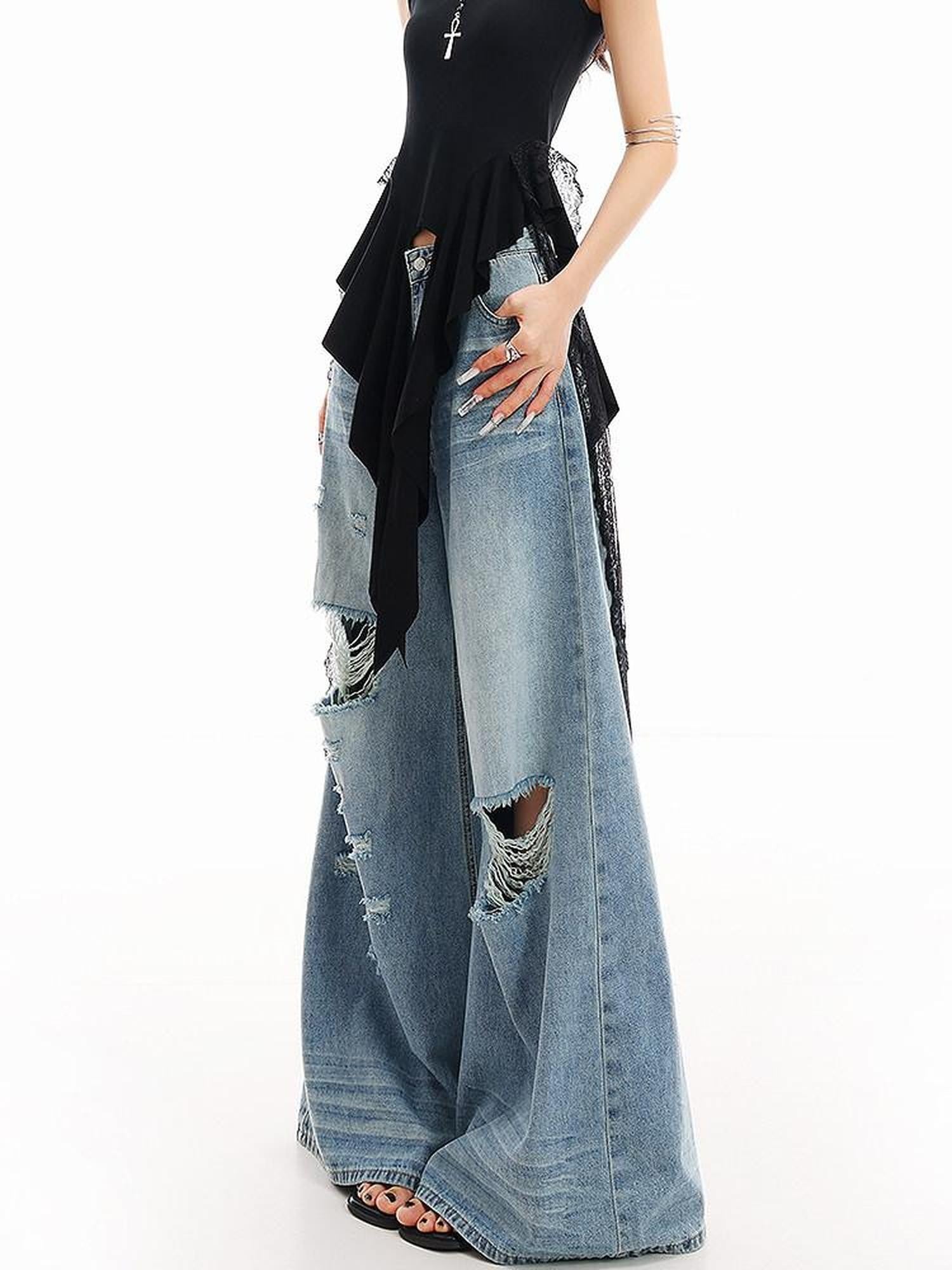 QIUQIU STUDIO Tall Extra Long Blue Ripped Micro Flare Women&