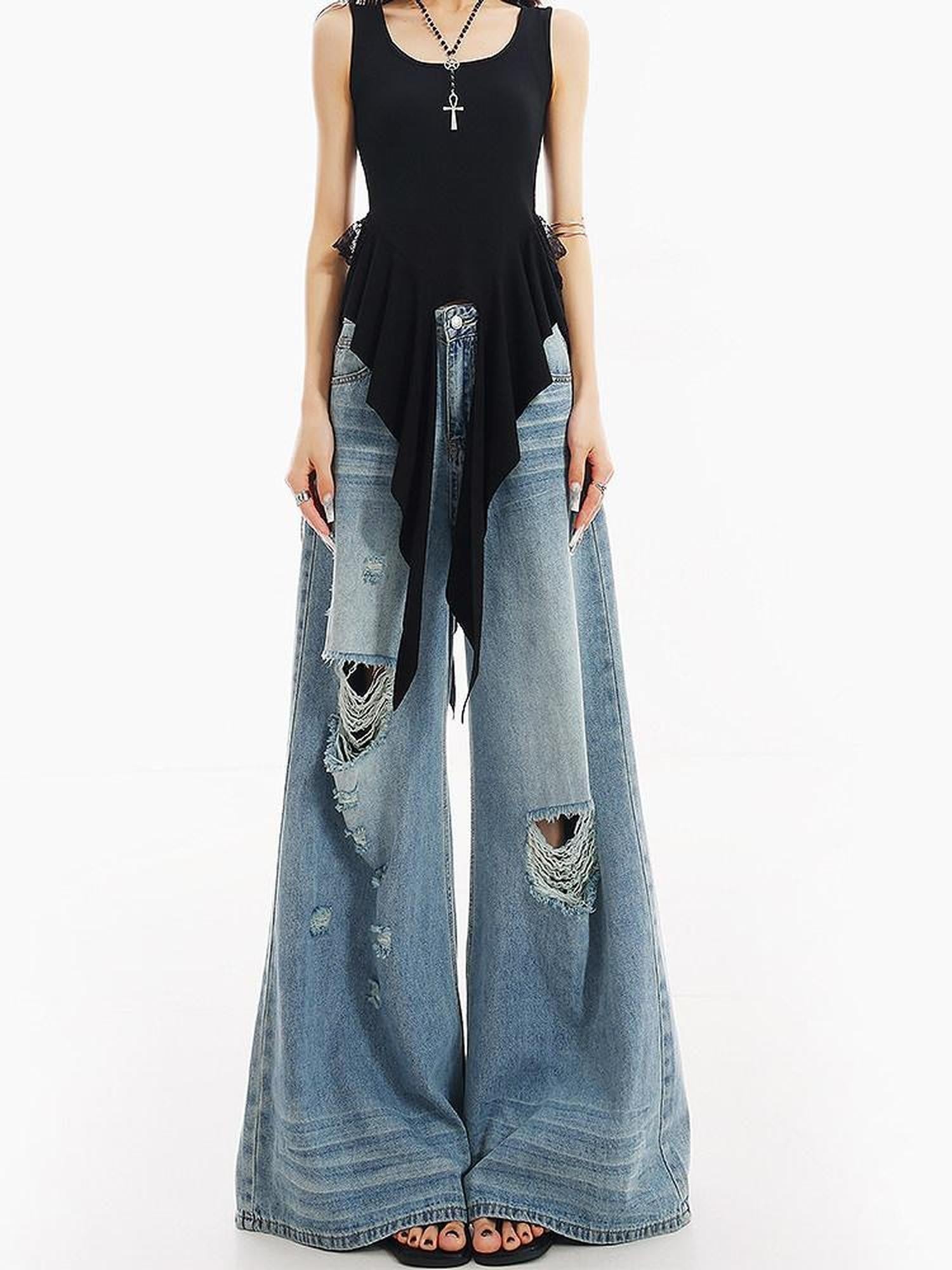 QIUQIU STUDIO Tall Extra Long Blue Ripped Micro Flare Women&