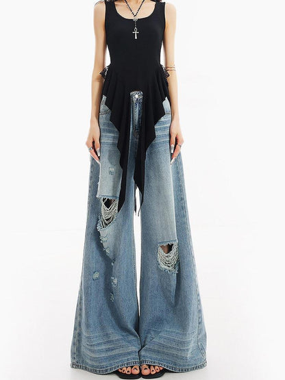 QIUQIU STUDIO Tall Extra Long Blue Ripped Micro Flare Women&