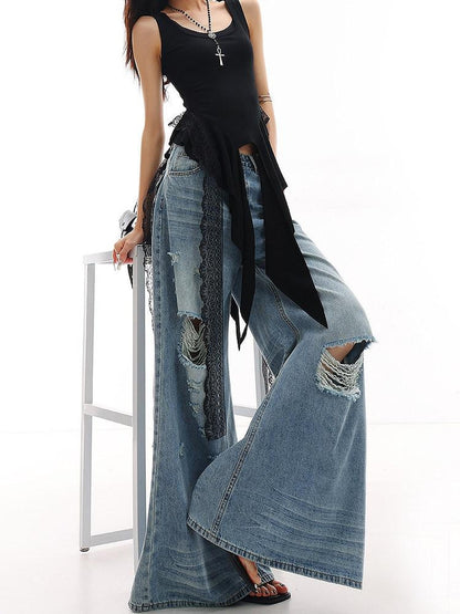 QIUQIU STUDIO Tall Extra Long Blue Ripped Micro Flare Women&