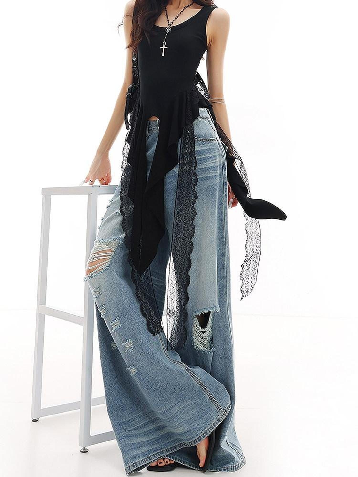 QIUQIU STUDIO Tall Extra Long Blue Ripped Micro Flare Women&