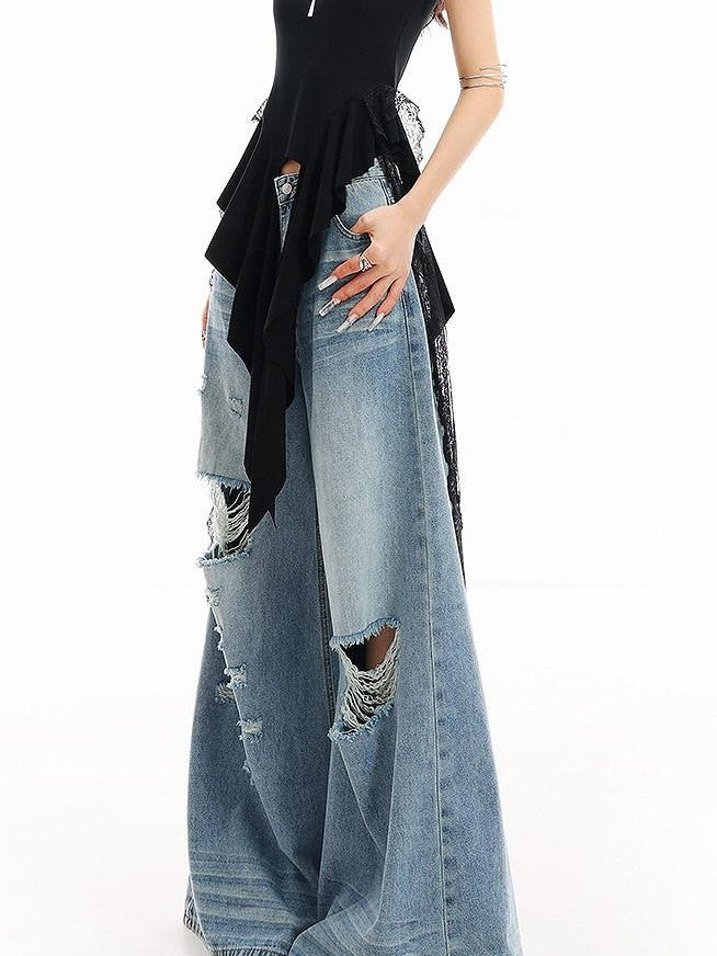 QIUQIU STUDIO Tall Extra Long Blue Ripped Micro Flare Women&