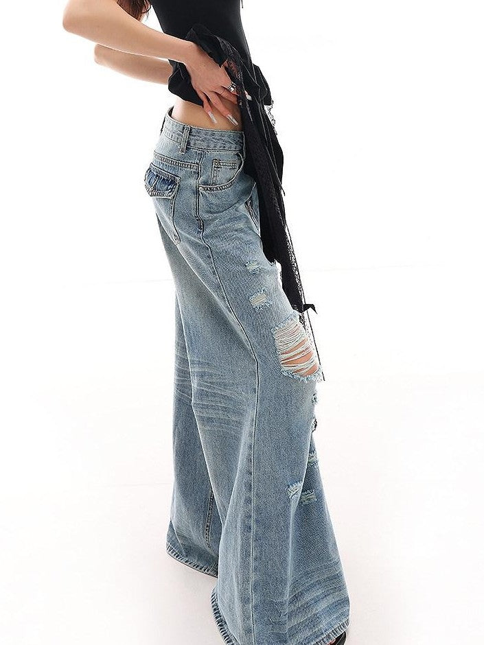 QIUQIU STUDIO Tall Extra Long Blue Ripped Micro Flare Women&