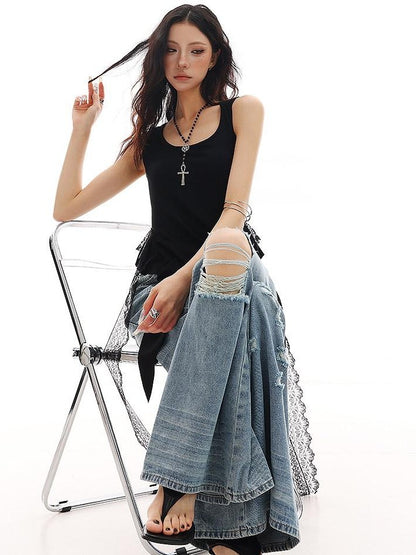 QIUQIU STUDIO Tall Extra Long Blue Ripped Micro Flare Women&