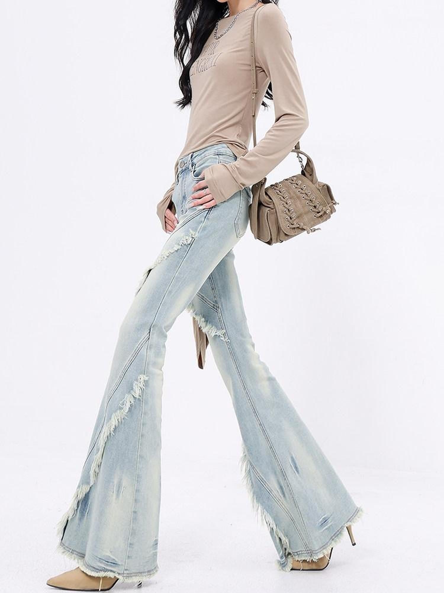 QIUQIU STUDIO Tall Extra Long Frayed Hem Slight Stretch Women&