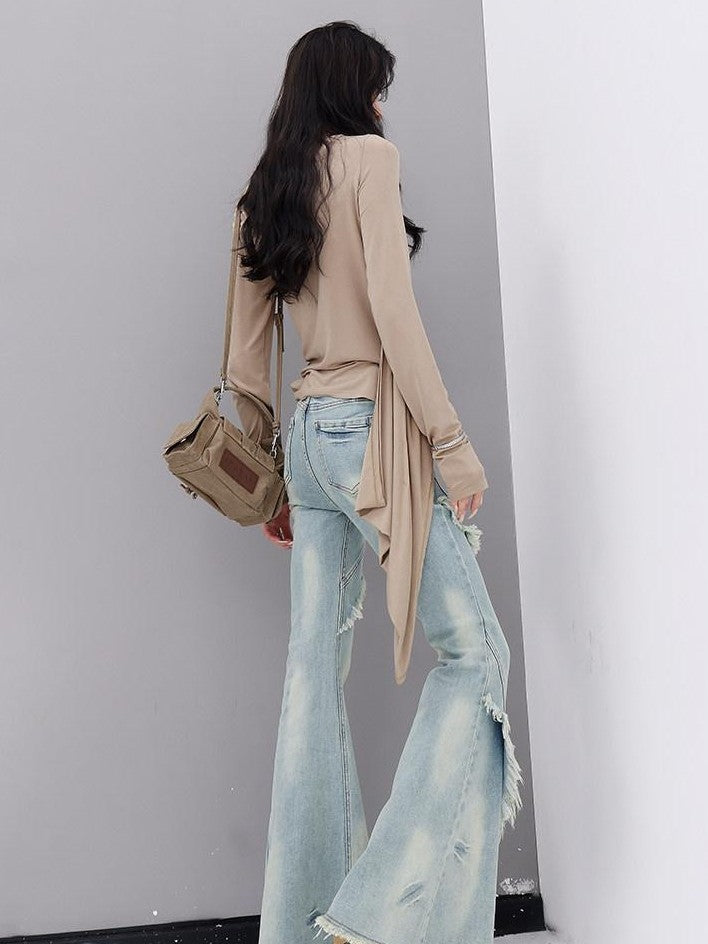 QIUQIU STUDIO Tall Extra Long Frayed Hem Slight Stretch Women&