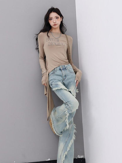 QIUQIU STUDIO Tall Extra Long Frayed Hem Slight Stretch Women&