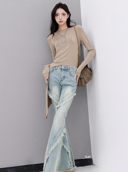 QIUQIU STUDIO Tall Extra Long Frayed Hem Slight Stretch Women&