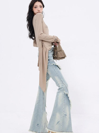 QIUQIU STUDIO Tall Extra Long Frayed Hem Slight Stretch Women&