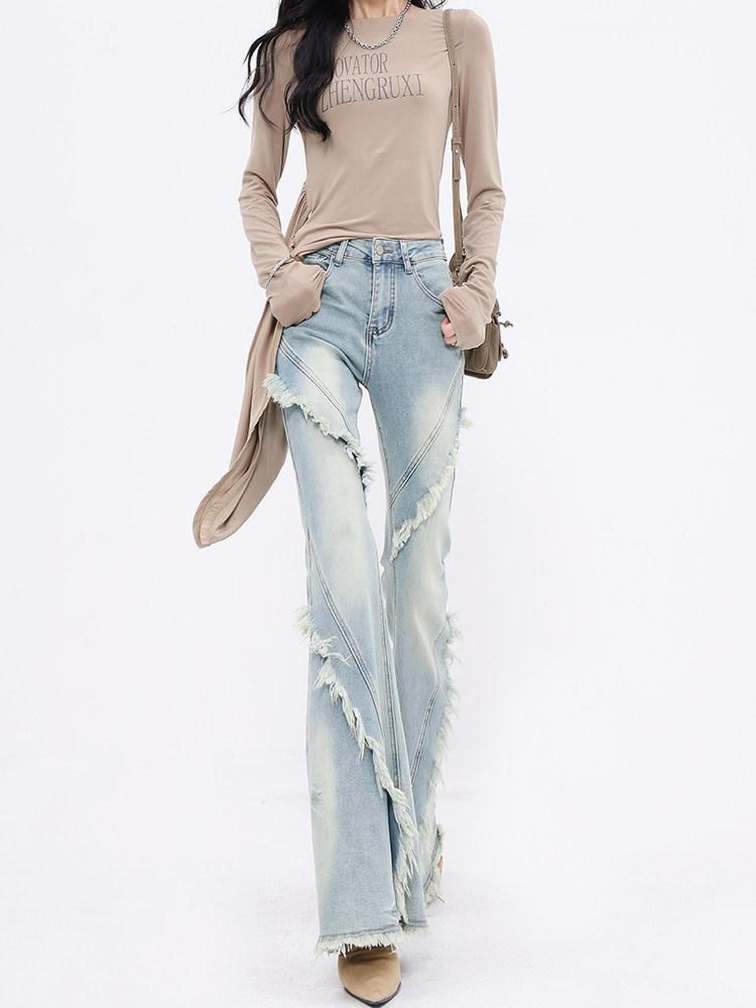 QIUQIU STUDIO Tall Extra Long Frayed Hem Slight Stretch Women&
