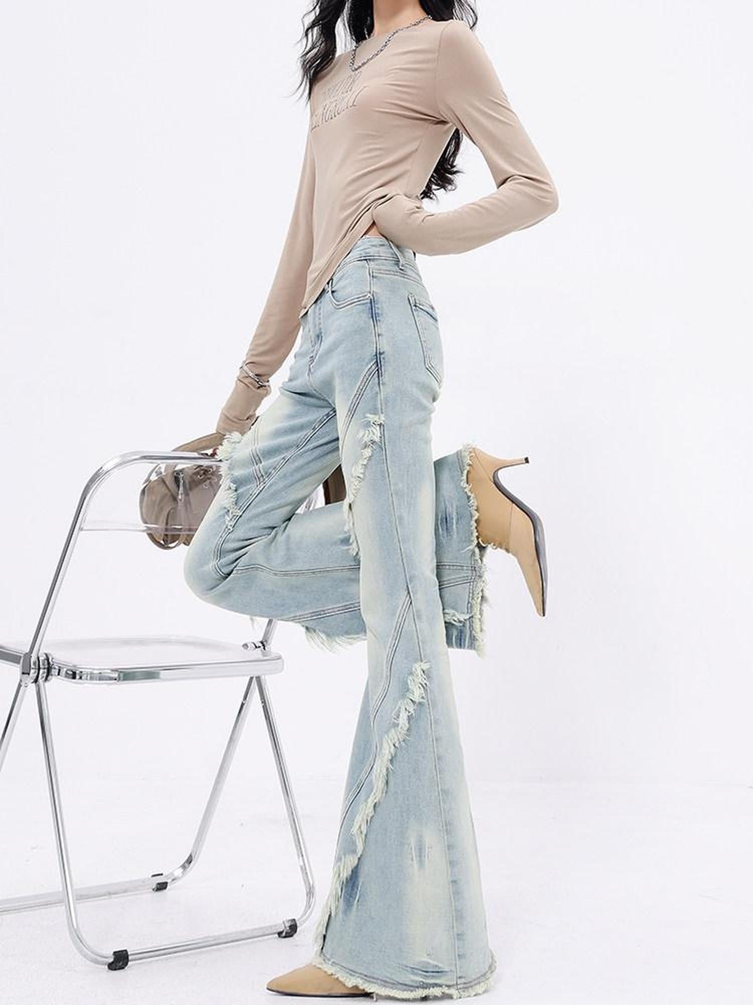 QIUQIU STUDIO Tall Extra Long Frayed Hem Slight Stretch Women&