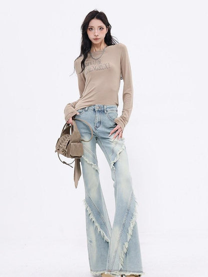 QIUQIU STUDIO Tall Extra Long Frayed Hem Slight Stretch Women&