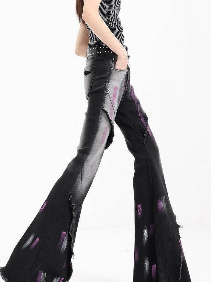 QIUQIU STUDIO Tall Extra Long Hand Painted Graffiti Slim Micro Flare Women&