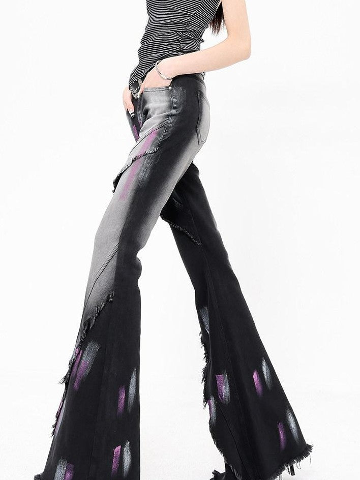 QIUQIU STUDIO Tall Extra Long Hand Painted Graffiti Slim Micro Flare Women&