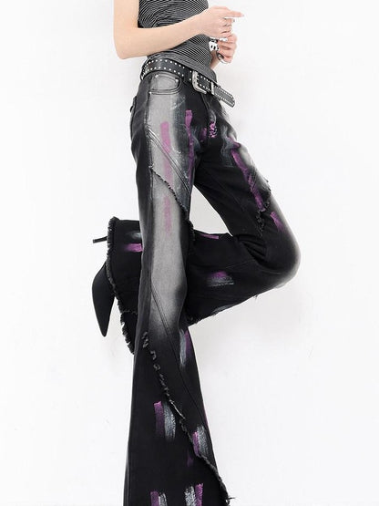 QIUQIU STUDIO Tall Extra Long Hand Painted Graffiti Slim Micro Flare Women&