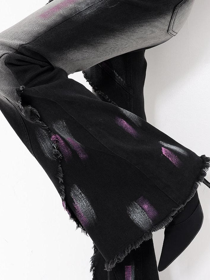 QIUQIU STUDIO Tall Extra Long Hand Painted Graffiti Slim Micro Flare Women&