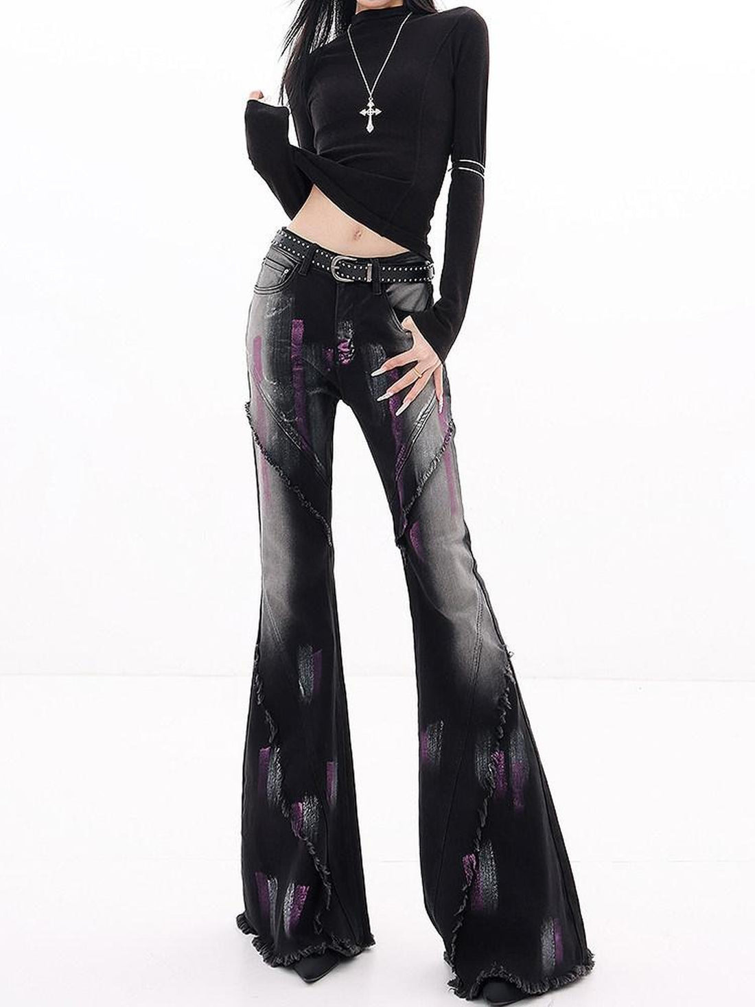 QIUQIU STUDIO Tall Extra Long Hand Painted Graffiti Slim Micro Flare Women&