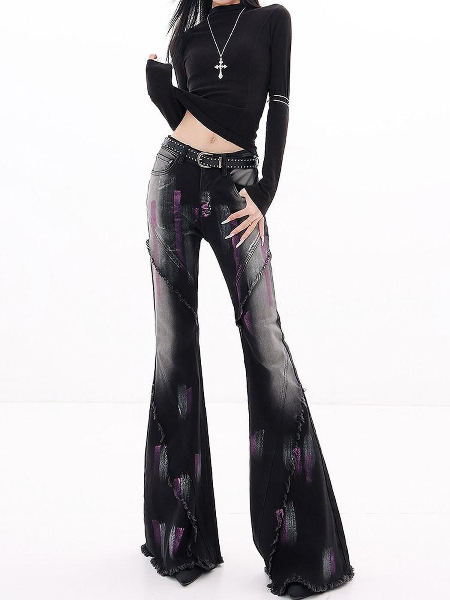 QIUQIU STUDIO Tall Extra Long Hand Painted Graffiti Slim Micro Flare Women&