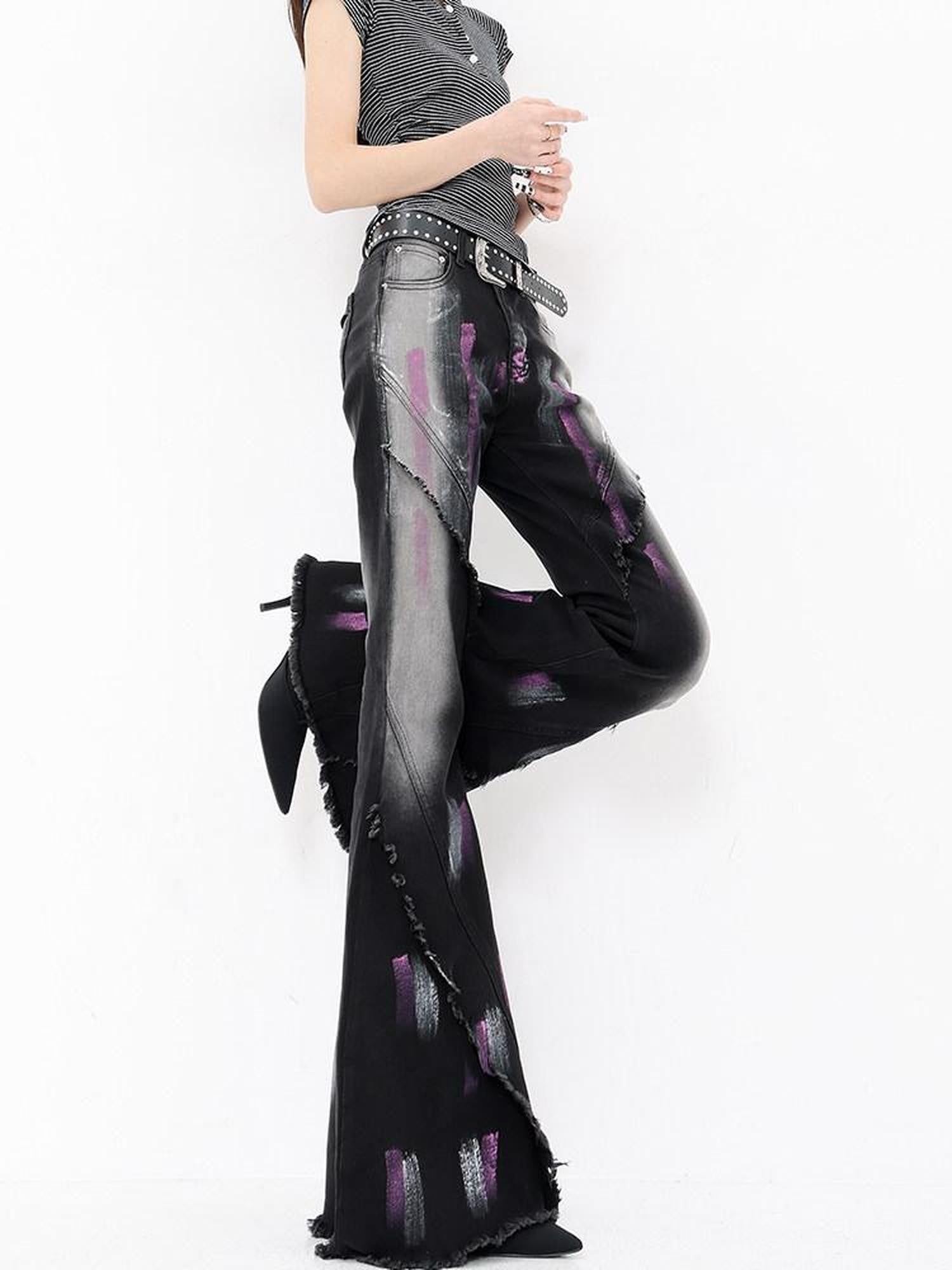 QIUQIU STUDIO Tall Extra Long Hand Painted Graffiti Slim Micro Flare Women&