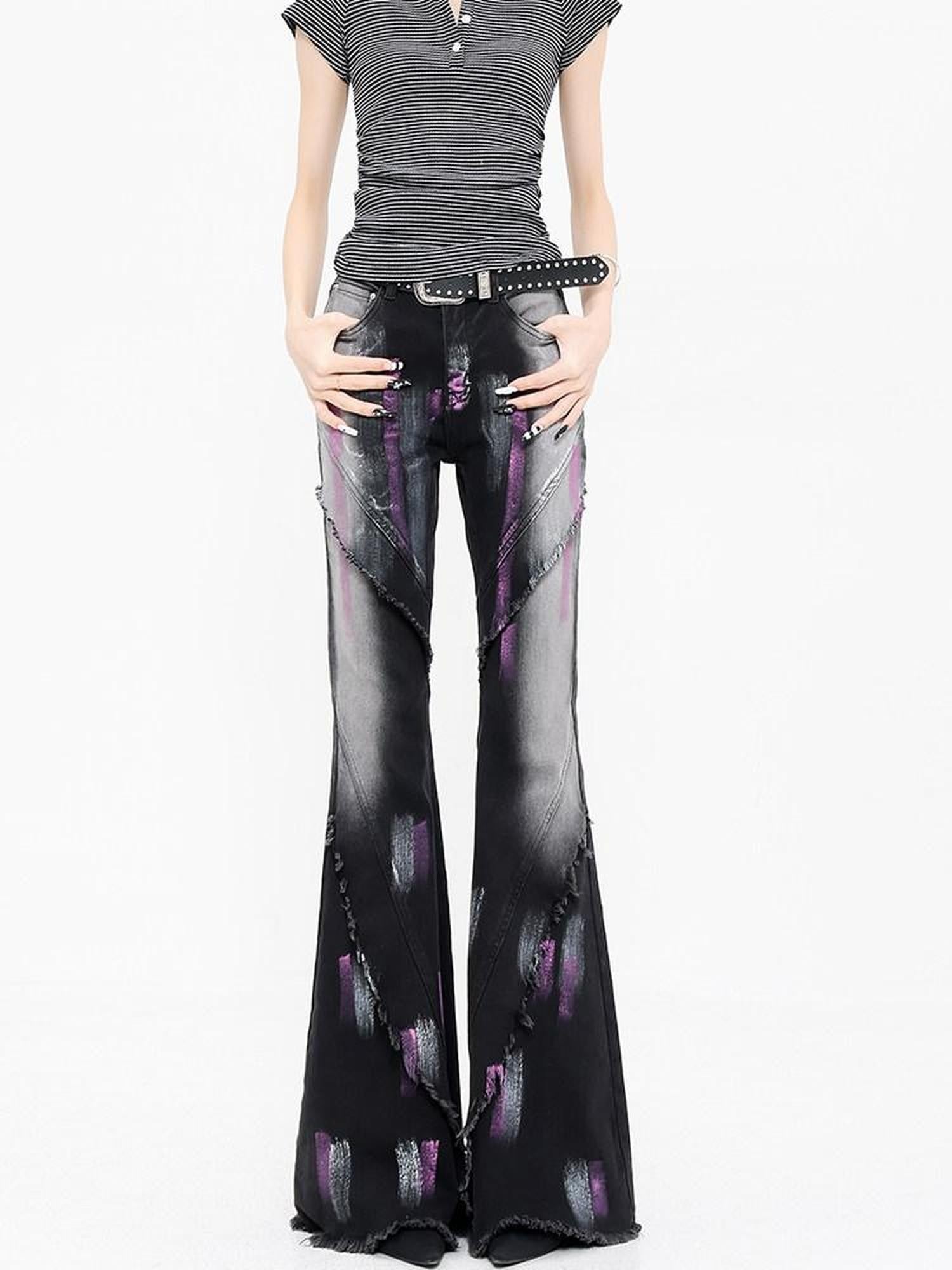QIUQIU STUDIO Tall Extra Long Hand Painted Graffiti Slim Micro Flare Women&