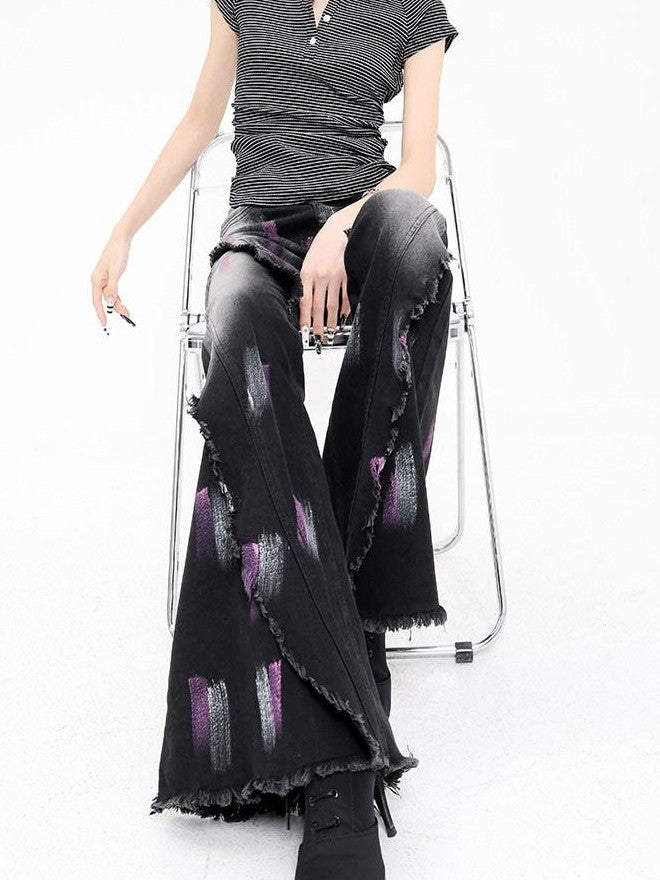 QIUQIU STUDIO Tall Extra Long Hand Painted Graffiti Slim Micro Flare Women&