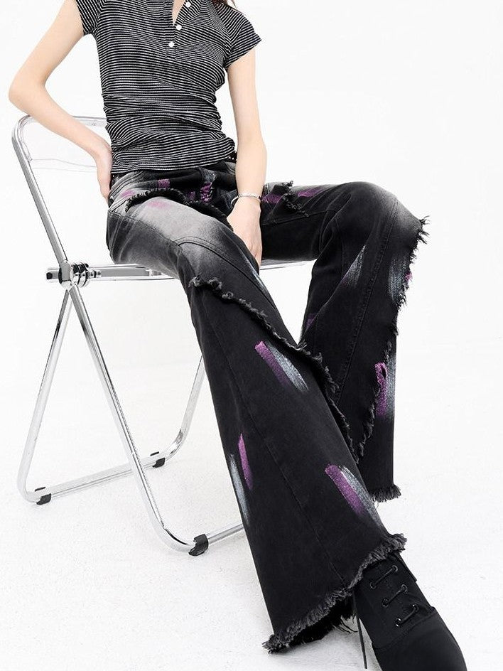 QIUQIU STUDIO Tall Extra Long Hand Painted Graffiti Slim Micro Flare Women&
