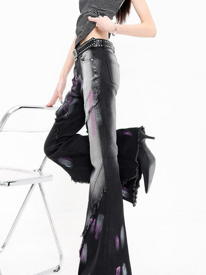 QIUQIU STUDIO Tall Extra Long Hand Painted Graffiti Slim Micro Flare Women&