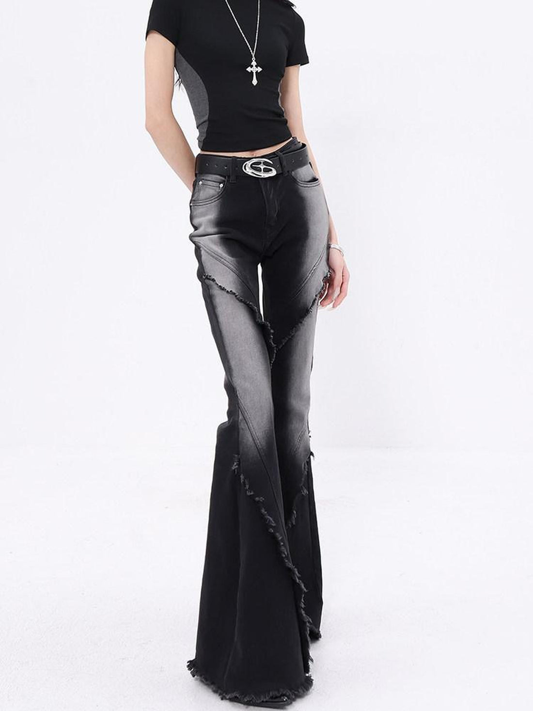 QIUQIU STUDIO Tall Extra Long Ombre Distressed Slim Raw Hem Women&