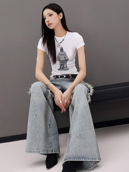 QIUQIU STUDIO Tall Extra Long Patchwork Ripped Faux Two Piece Women&