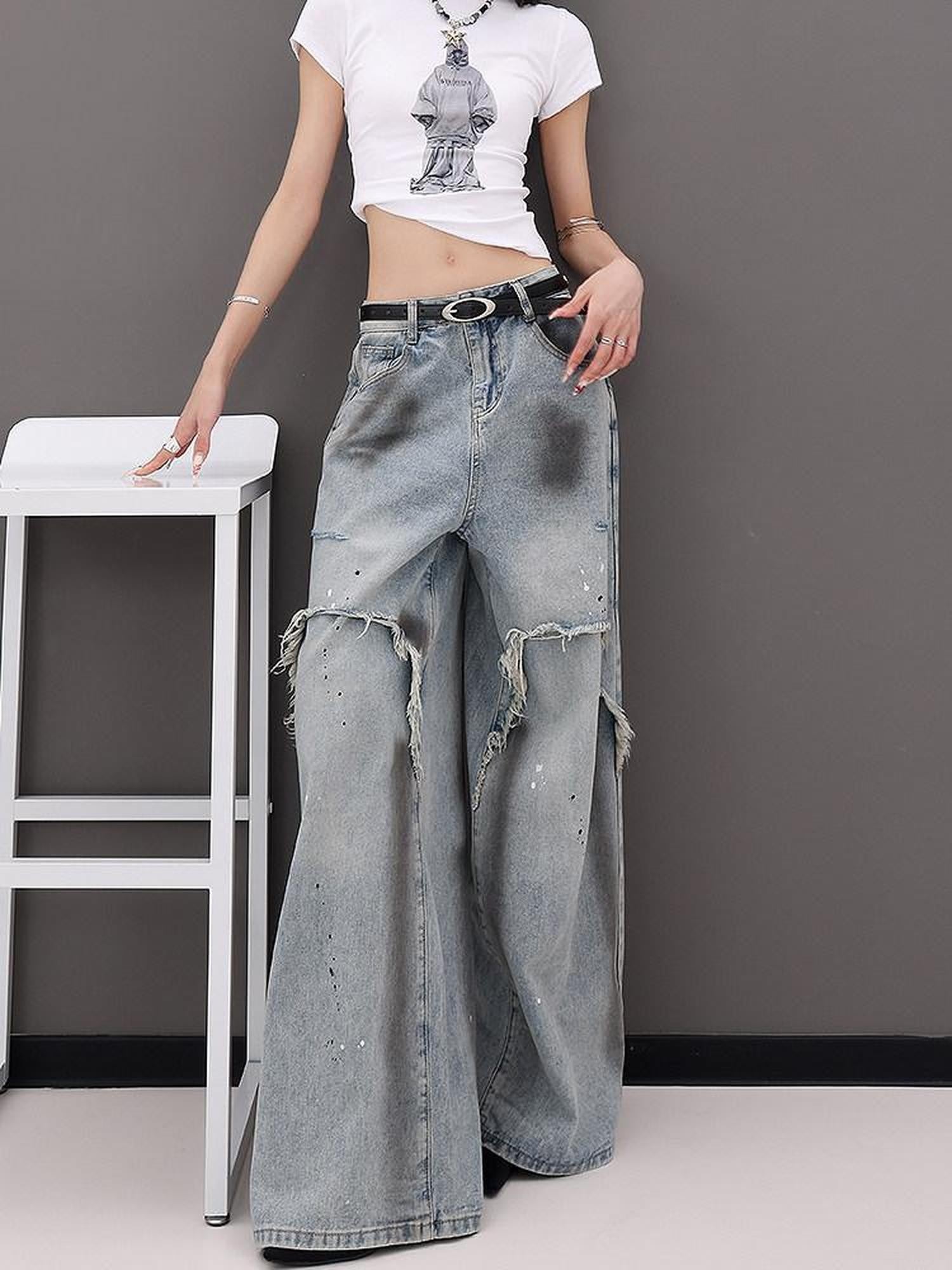 QIUQIU STUDIO Tall Extra Long Patchwork Ripped Faux Two Piece Women&