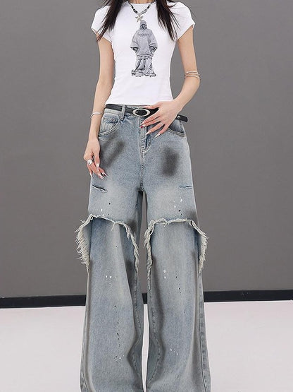 QIUQIU STUDIO Tall Extra Long Patchwork Ripped Faux Two Piece Women&