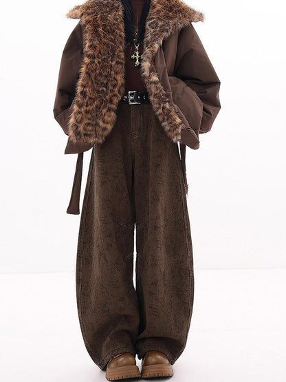QIUQIU STUDIO Tall Leopard Jacquard Natural Waist Pockets Fleece Lined Women&